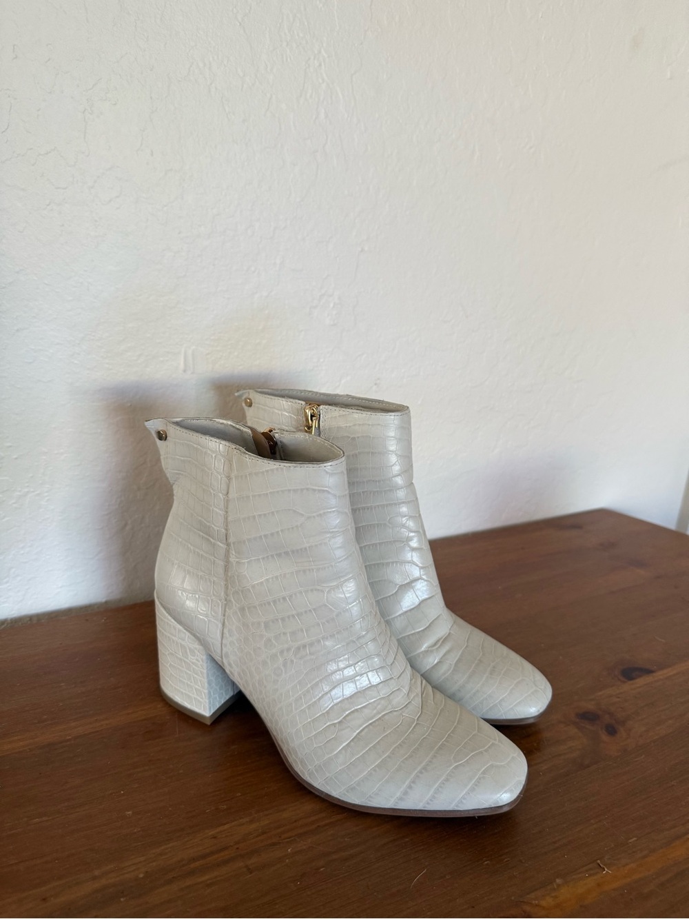 Franco Sarto Croc-Embossed Ankle Boots in Light Beige